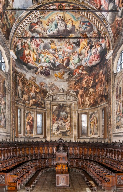 Ansicht der Apsis mit Fresken von Camillo Procaccini und Holzkirchenchor von Cristoforo und Giuseppe De Venetiis, Basilika San Prospero, Reggio Emilia, Emilia Romagna, Italien von Unbekannter Künstler