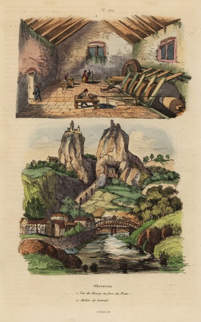 Ansicht der Stadt, Brücke und Felsenkirche in Oberstein 1, und Ansicht der Achat- und Jaspis-Edelsteinpoliermühle 2 von Unbekannt