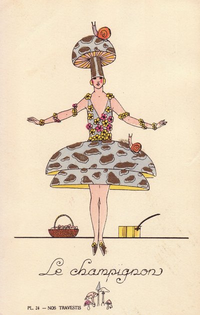 Frau im Pilzkostüm. Lithographie von unbekanntem Künstler aus Nos Travestis, Paris von Unbekannter Künstler