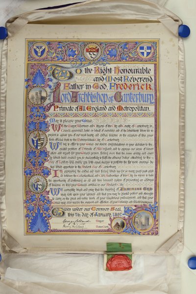 Schriftliche Willkommensadresse an Erzbischof Frederick Temple von Alec Hunter