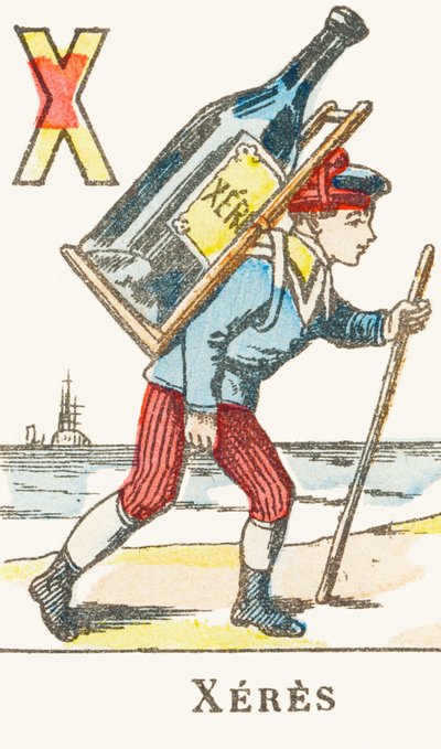 X : Xeres, ein Junge trägt eine große Weinflasche auf dem Rücken - Spiele-Alphabet, um 1890 (Gravur) von Unbekannt