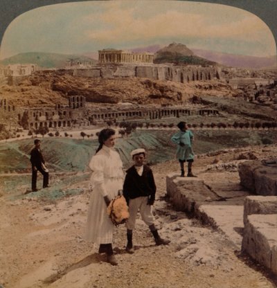 Die Akropolis von Athen, Lycabettus und Königspalast, vom Philopappos-Denkmal, 1907 von Underwood and Underwood