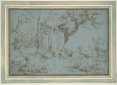 Landschaft mit Merkur, der sich einem Hirten nähert (recto); Tierkopf (verso) von Unknown