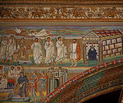 Der linke Apsis-Bogen (Triumphbogen) mit der Geburt Christi - Joseph erhält eine Erklärung von Unknown