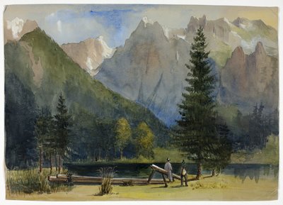 Zwei Männer am Teich unterhalb der Alpen von Unknown
