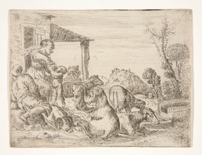 Bauernfamilie mit Hunden und Lämmern in einer Landschaft von Unknown