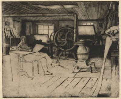 Unbetiteltes Interieur mit Druckerpresse von Unknown