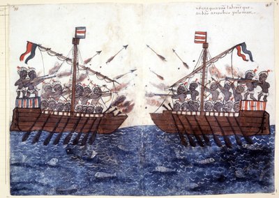Gravur aus dem 16. Jahrhundert, die die Begegnung mit einem Piratenschiff im Indischen Ozean darstellt. Rom, Biblioteca Casanatense. von Unknown artist