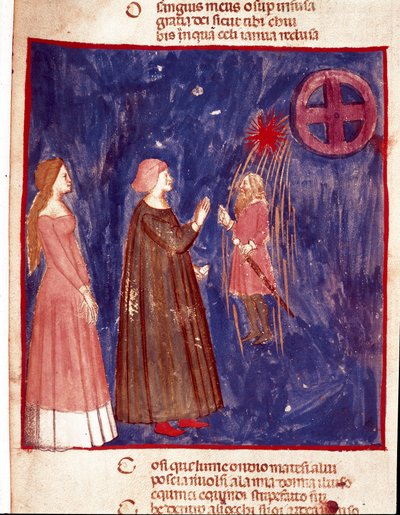 5. Himmel: Dante und Beatrice treffen Lord Cacciaguida in der himmlischen Sphäre der Seelen der Kämpfer. Illustrierte Seite eines Gesangs des Paradieses aus der „Divina Commedia“ von Dante Alighieri (1265-1321). 14. Jahrhundert, Venedig, Biblioteca Marcian von Unknown artist