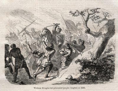 Verhaftung von Sir William Douglas „der Harte“ (der Kühne), Lord von Douglas (1243 - 1298) im Jahr 1296 - Gravur in „Dictionnaire populaire illustrious“ - 1864 - von Joseph Decembre und Edmond Allonier - von Unknown artist