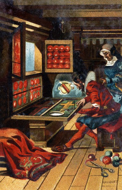 Ein Chasublier (ein Arbeiter, der alle Arten von Kirchenkleidung herstellt) im Jahr 1546. Chromolithographie des späten 19. Jahrhunderts von Unknown artist