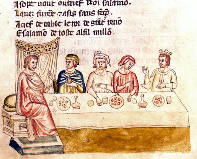 Eine Bankettszene: ein König und seine Gäste - Miniatur aus dem Kodex „Die Entrée von Spanien“ (Ms.Franc.21) 14. Jahrhundert. Biblioteca Marciana, Venedig. von Unknown artist