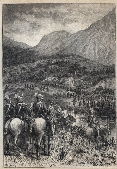 Ein Schlachtfeld - Illustration des 19. Jahrhunderts für den historischen Roman „The Puritans of Scotland“ (Old Mortality) von Walter Scott von Unknown artist