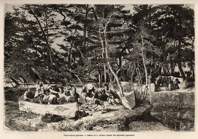 Ein bürgerliches Picknick in den Vororten von Edo (heutiges Tokio), innerhalb einer Stoffumzäunung, Gäste, normalerweise zwei Familien, teilen ihre Mahlzeit und oft gibt es Musiker, Tänzer und Pantomimen. Gravur zur Illustration der Reise von Unknown artist