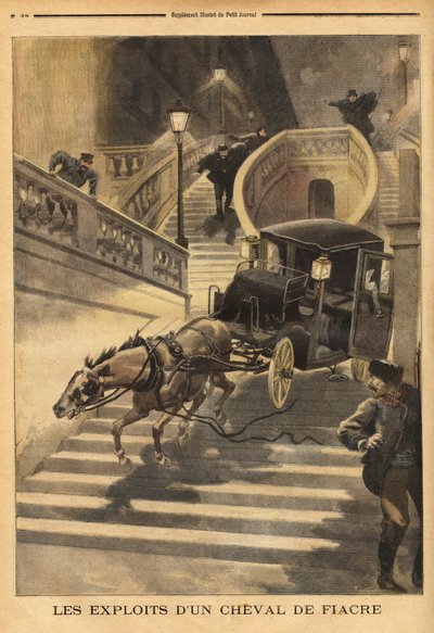 Ein Kutschpferd, das von seinem Kutscher verlassen wurde, geht die Treppe der Rue d