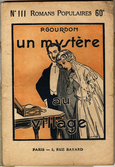 Ein junges Brautpaar entdeckt einen Brief, der die Frau erfreut, aber den Mann sehr überrascht. Titelillustration für den populären Roman "Un mystère au village" von P. Gourdon, Edition Bonne Presse, Paris 1923. Sammlung Selva von Unknown Artist