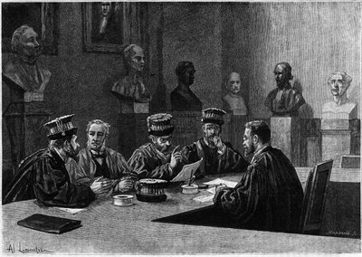 Eine Verteidigung dieser aus der medizinischen Fakultät des Quartier Latin in Paris. Gravur im „Le journal de la jeunesse“ von Unknown artist