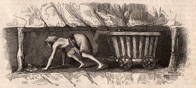 Ein Mädchen, das an einen Wagen voller Kohle gekettet ist und ihn in einer englischen Kohlenmine zieht von Unknown