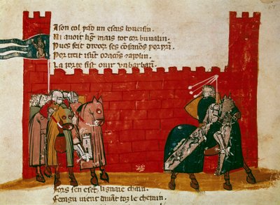 Eine Gruppe von Rittern verlässt ein Schloss. Miniatur aus „Einzug in Spanien“ von Unknown artist