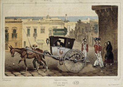 Eine Kutsche in den Straßen von Malta - Gravur von Unknown artist
