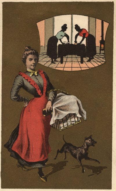 Eine Waschmaschine, die Wäsche in einem Korb trägt. Anonyme Chromolithographie, späte 19. Jahrhundert. von Unknown artist
