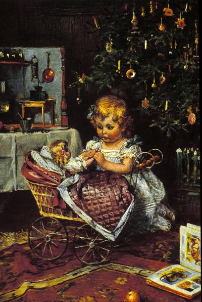 Ein kleines Mädchen entdeckt die Puppe und den Kinderwagen unter dem Weihnachtsbaum. 19. Jahrhundert von Unknown artist