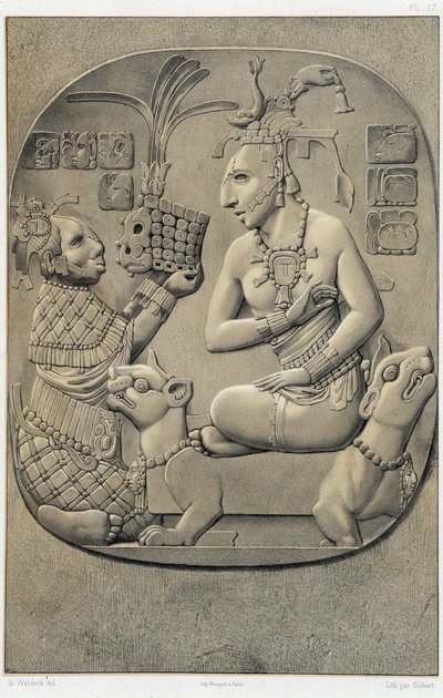 Eine Königin, die auf einem Sofa hockt und ein Geschenk von einer äthiopischen Frau erhält - in „Alte Denkmäler Mexikos: Palenqué und andere Ruinen der alten Zivilisation Mexikos“ von Brasseur de Bourbourg, Paris von Unknown artist