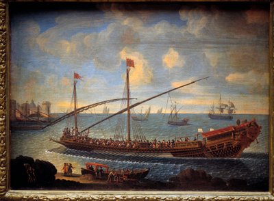 Eine königliche Galeere kehrt in den Hafen zurück. Dies ist die „Reale de France“, gebaut 1679. Anonymes Gemälde des 17. Jahrhunderts. Paris, Musée de la Marine von Unknown artist