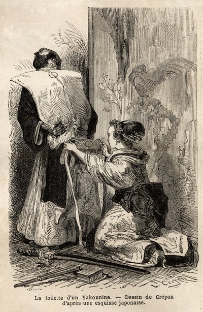 Die Toilette eines Samurai, eine junge Magd hilft ihr, ihren Kimono zu binden. Gravur zur Illustration der Reise nach Japan, in den Jahren 1863-1864, von Aime Humbert, Minister der Schweizerischen Eidgenossenschaft, in „Le tour du monde, nouveau journal de von Unknown artist