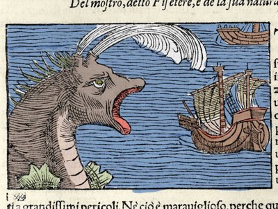 Ein Pottwal (?) (Physeter) greift ein Schiff an. Gravur von Olaus Magnus (1490-1557), schwedischer Geistlicher und Geograph, „Historia de Gentis Septentrionalibus“, Venedig von Unknown artist