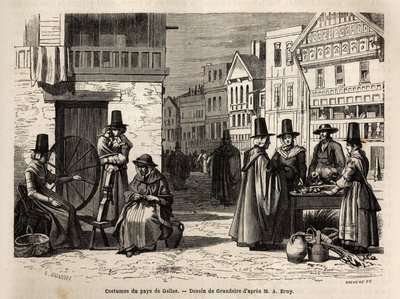 Eine Straße in Wales, mit Einheimischen in traditionellen Kostümen und alltäglichen Aktivitäten: eine Familie und Frauen, die Wolle mit Rädern spinnen. Gravur zur Illustration einer Reise in das Land Wales, 1862, von Alfred Erny, in „Le tour du monde, nouv von Unknown artist