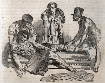 Unfallmedizin - über die wirksamste Hilfe für Ertrinkende - um sich so schnell wie möglich auszuziehen, muss man die nassen Effekte zerreißen - Gravur in „La Sante Universelle - Guide Medical des Familles“ 1852 von Unknown artist