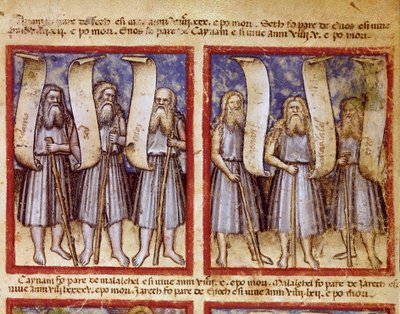 Adams Genealogie wird von Seth, Enoch (Henoch oder Enosh) Kenan, Mahalalel (Mahalaleel) und Jared (oder Yared), den großen Patriarchen der Miniaturbibel, gefolgt. Entnommen aus Codex 212 (oder Padovano oder Bibel von Padua) 1390-1400 Rovigo, Accademia dei  von Unknown artist