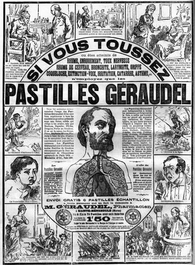 Werbung für Géraudel-Tabletten von Apotheker Arthur Géraudel (1841-1906) in Sainte-Menehould gegen Husten. Gravur in „Le Monde illustré“ von Unknown artist