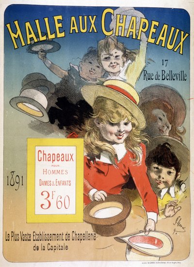Werbeplakat für die „Halle aux hats“, rue de Belleville in Paris von Unknown artist