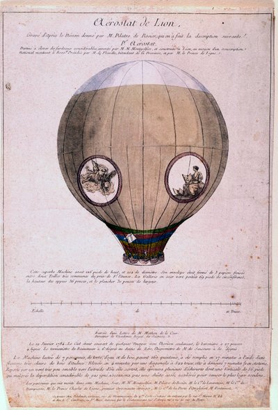 Aerostat von Lyon, gebaut nach einem Modell der Brüder Montgolfier (Joseph und Etienne), um 1783. Gravur aus dem 19. Jahrhundert. von Unknown artist