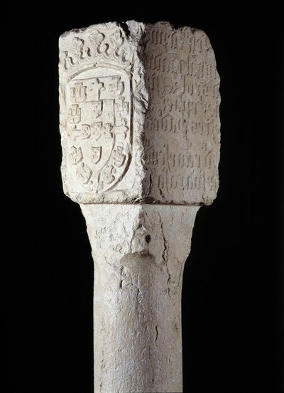 Afrikanische Kunst: Detail einer Besitzsäule, bekannt als Heiliger Augustinus, errichtet vom portugiesischen Entdecker Diogo Cao (oder Diego Cam) im südlichen Angola. 1486. Lissabon, Nationalmuseum für antike Kunst von Unknown artist