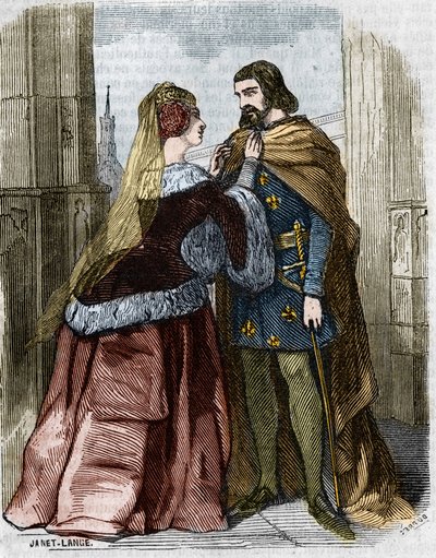 Agnes Sorel (1422-1450) und König Karl VII. von Frankreich in der Abtei von Jumièges. Gravur des 19. Jahrhunderts. von Unknown artist