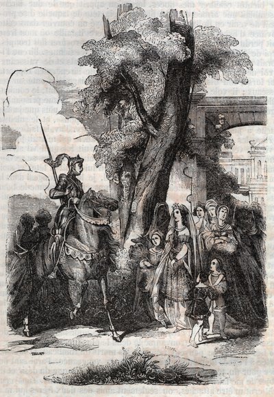 Alcina und ihr Hof kommen, um Ruggiero zu begrüßen - Gravur von 1851 aus dem Gedicht Orlando furioso (1516) von Ludovico Ariosto - Ausgabe, übersetzt aus dem Italienischen von Graf von Tressan und veröffentlicht von Gustave Harvard 1851 von Unknown artist