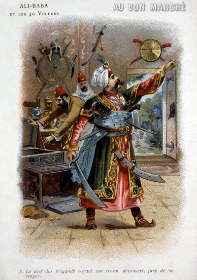 Ali Baba und die 40 Räuber (Geschichten aus Tausendundeiner Nacht): Der Anführer der Räuber, der seinen Schatz entdeckt sieht, schwört Rache - Karton des „Guten Marsches“, Ende des 19. Jahrhunderts von Unknown artist