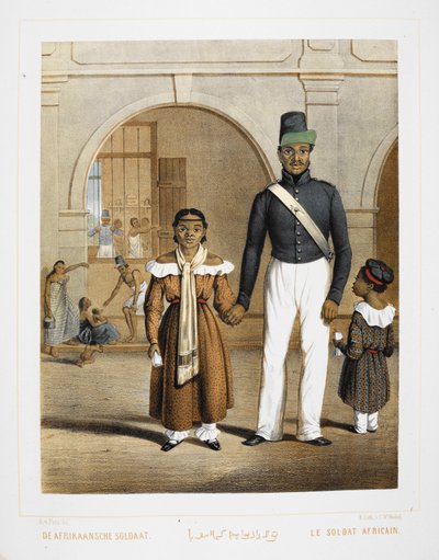Ein afrikanischer Soldat mit seiner Familie. Einwohner von Indonesien. von Unknown artist