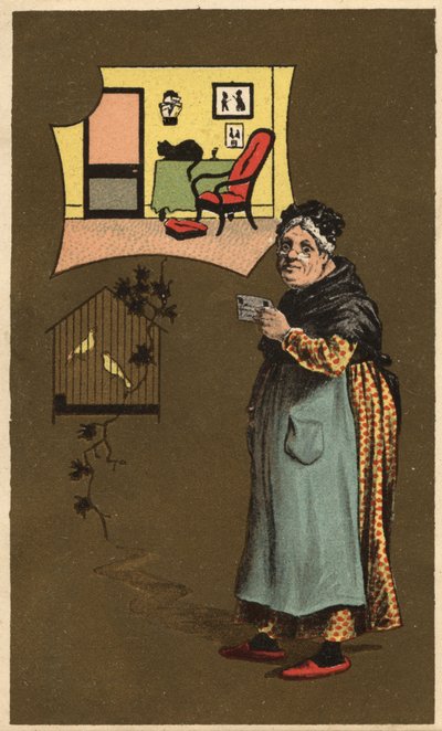 Eine alte Frau hält eine Tasse in der Nähe eines Käfigs mit Vögeln. Anonyme Chromolithographie, Ende des 19. Jahrhunderts. von Unknown artist