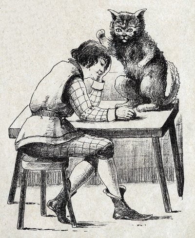Anonyme Illustration für „Der gestiefelte Kater“, Märchen von Charles Perrault (1628-1703), französischer Schriftsteller. Bild von Marcel Vagne, Jarville Nancy, undatiert (spätes 19. Jahrhundert) von Unknown artist
