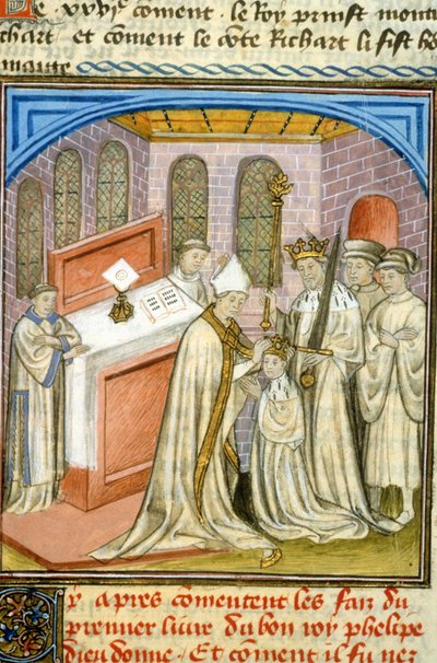 Erzbischof krönt Philippe Auguste im Jahr 1179 - Illumination des Mittelalters (Ref. 512, 226r) Genehmigung der Stadtbibliothek Toulouse einholen (Tel.: 05 62 27 66 66) von Unknown artist
