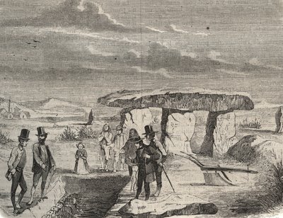 Archäologische Ausgrabungen: Entdeckung von gallischen Gräbern in der Nähe des Dolmen de la Pierre aux Fées in der Oise. Gravur von 1856 in „Le Musée Des Sciences“. von Unknown artist