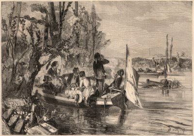 Rund um Paris im Jahr 1857. Die Kanuten in Asnières. Gravur in „Le Monde illustré“ von 1857. Private Sammlung. von Unknown artist