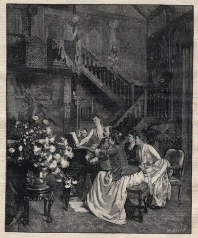 Um eine Partitur - Jules Massenet (1842-1912), französischer Komponist, spielt mit Freunden „Le portrait de Manon“ - Gravur in „Le Progrès Illustré“ von 1895 von Unknown artist