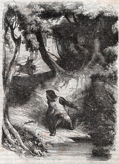 Astolphe am Rand eines Brunnens - Gravur von 1851 aus „Furioser Roland“ (Orlando furioso) (16. Jahrhundert) von Ludovico Ariosto, bekannt als der Ariosta - Ausgabe übersetzt aus dem Italienischen von Graf von Tressan und veröffentlicht von Gustave Harvard von Unknown artist