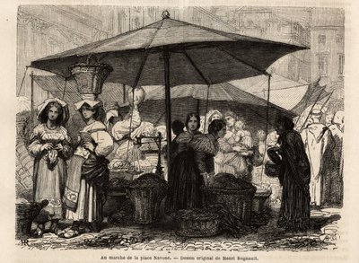 Am Fuße der Piazza Navona, Rom (Italien). Gravur zur Illustration der Reise nach Rom, von Francis Wey, 1864-1868, veröffentlicht in „Le tour du monde, nouveau journal des voyages“, unter der Leitung von Edouard Charton von Unknown artist