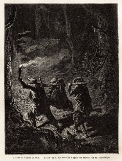 Rückkehr von der Jagd in der Nacht, die Beute, ein Bär, ist gefesselt und an einem Ast aufgehängt, den die Jäger auf der Schulter tragen. Gravur zur Illustration der Geschichte "Quatre mois en Florida", von M. Pousselgue, 1851-1852, veröffentlicht in "le t von Unknown artist